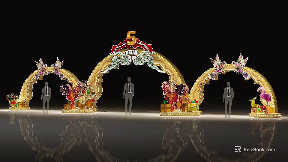 Golden Event Gateway For 5th Anniversary With Decorative Patterns And Arch Structure 3d model