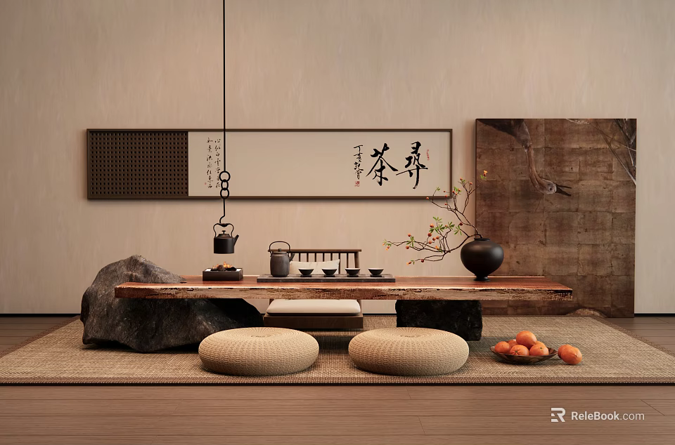Natural Zen Style Tea Table Set With Stone Decor Calligraphy Art And Round Cushions 3d model 