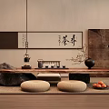 Natural Zen Style Tea Table Set With Stone Decor Calligraphy Art And Round Cushions