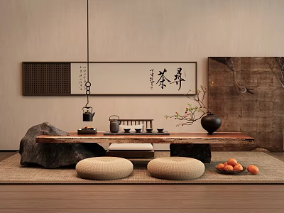 Natural Zen Style Tea Table Set With Stone Decor Calligraphy Art And Round Cushions 3d model