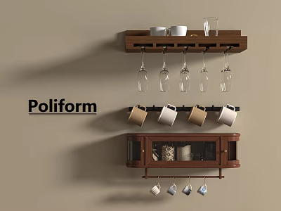Poliform Wooden Shelf With Hanging Cup Holders Glass Storage And Cabinet 3d model