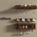 Poliform Wooden Shelf With Hanging Cup Holders Glass Storage And Cabinet