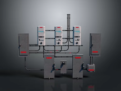 Computer Server Cabinet System With White Control Panels And Black Connecting Pipes 3d model