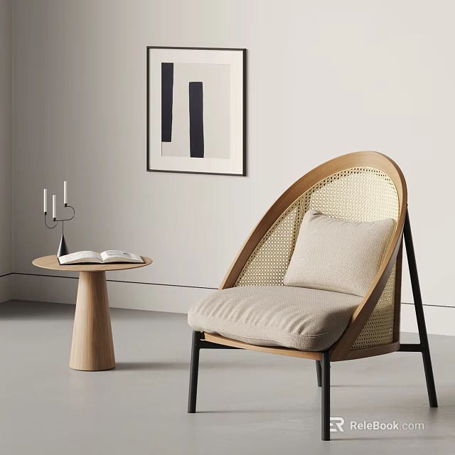 Modern Leisure Chair with Rattan Weave and Wooden Frame Beige Cushion Side Table Candles Book 3d model 