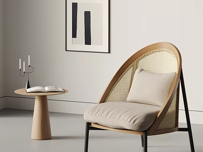 Modern Leisure Chair with Rattan Weave and Wooden Frame Beige Cushion Side Table Candles Book 3d model