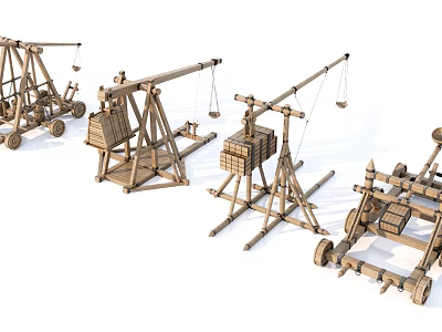 Ancient Wooden Siege Weapons Medieval Catapult Designs with Frames and Wheels 3d model