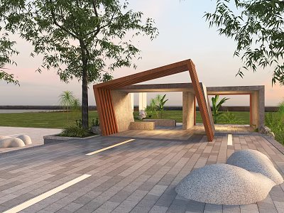 Modern Wooden Pergola in Outdoor Landscape with Trees Stones and Paved Ground at Dusk 3d model