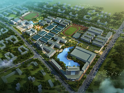 Aerial View Of School Campus Architectural Complex With Water And Sports Fields 3d model