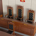 Traditional Courtroom Setup With Wooden Judge Bench Witness Stand And Emblem