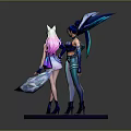 Game Movie Characters With Blue Wings Unique Outfits And Crystal Weapons Standing On Blue Base