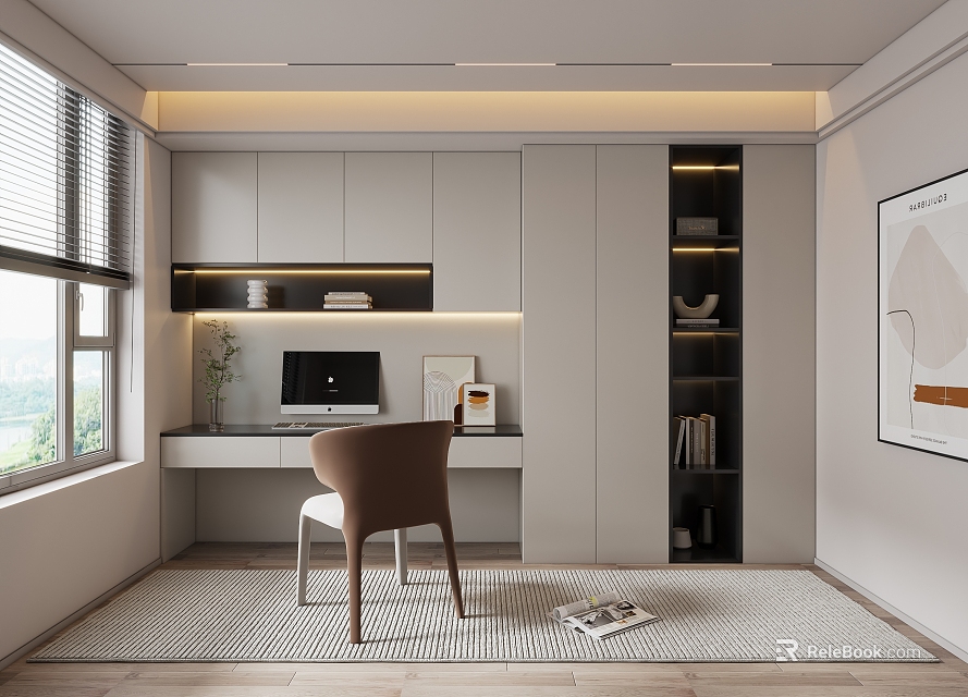 Modern Study Room Interior With Desk Computer Chair Bookshelves And Window Blinds 3d model 