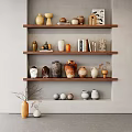 Decorative Ceramic Vessels Displayed on Wooden Shelves with Various Shapes Colors and Ornaments