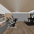 Modern Fitness Gym Interior With Spin Bikes Treadmills Wooden Flooring And Shelves