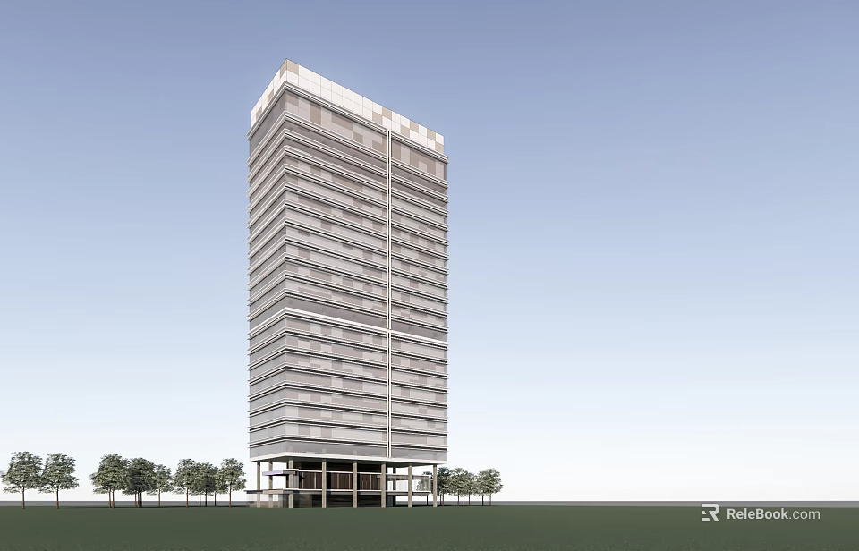 Modern High Rise Office Building With Glass Facade And Trees Under Blue Sky 3d model 