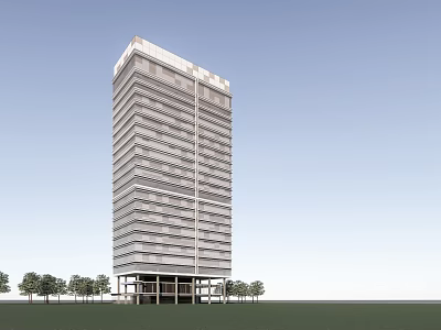 Modern High Rise Office Building With Glass Facade And Trees Under Blue Sky 3d model