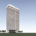Modern High Rise Office Building With Glass Facade And Trees Under Blue Sky