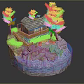 Cartoon Scene Featuring Wooden Cabin Green Trees Rocks Campfire And Water