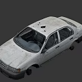 White Sedan Car With Missing Wheels And Worn Exterior Parts