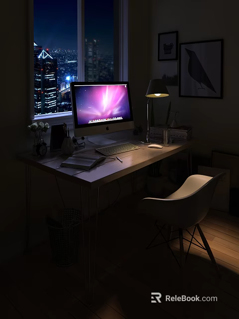 Modern Desk with Computer Monitor Table Lamp Notebook Vase and Chair by Night Window 3d model 