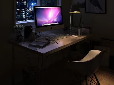 Modern Desk with Computer Monitor Table Lamp Notebook Vase and Chair by Night Window 3d model