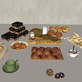 Freshly Baked Assorted Bread And Pastries With Chocolate Cakes Oranges Wooden Tray And Basket