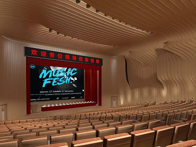 Modern Conference Room With Large Screen Stage Audience Seats And Wooden Decoration 3d model