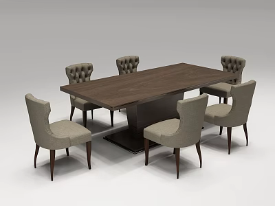 Modern Six Piece Dining Table Set With Dark Wooden Tabletop And Tufted Back Chairs 3d model