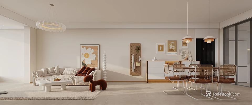 Modern Living and Dining Room Interior With White Sofa Wall Art Dining Table And Chairs 3d model 