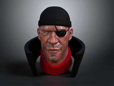 3D Character Head Model With Black Cap Eye Patch And Red Turtleneck 3d model