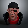 3D Character Head Model With Black Cap Eye Patch And Red Turtleneck