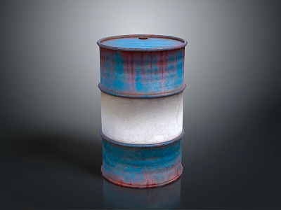 Rusty Blue And Red Oil Barrel With White Stripe On Dark Background 3d model