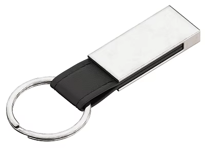 Sleek Metal Keychain With Black Leather Strap And Polished Plate 3d model