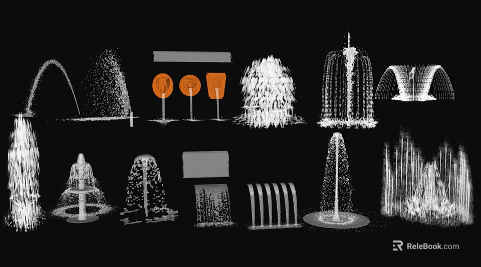 Garden Landscape Featuring Various Fountains With Different Shapes And Orange Accents 3d model 
