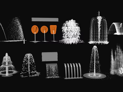 Garden Landscape Featuring Various Fountains With Different Shapes And Orange Accents 3d model