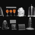 Garden Landscape Featuring Various Fountains With Different Shapes And Orange Accents
