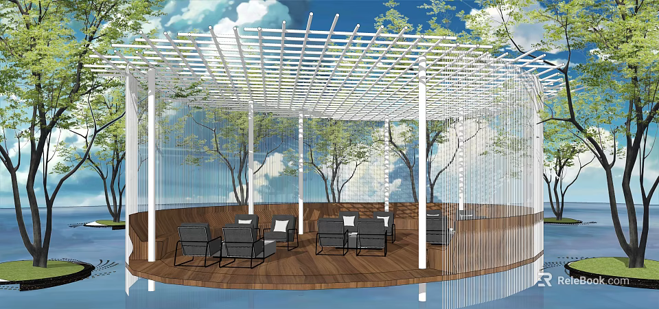 Garden Landscape Design With Circular Wooden Deck White Lattice Pergola And Outdoor Seating 3d model 