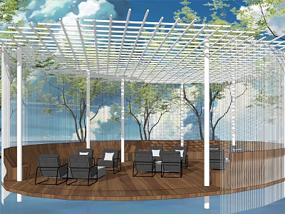 Garden Landscape Design With Circular Wooden Deck White Lattice Pergola And Outdoor Seating 3d model