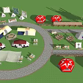 Scenic Camping Site Featuring Multiple Tents Trees String Lights Tables Chairs And Mountain View