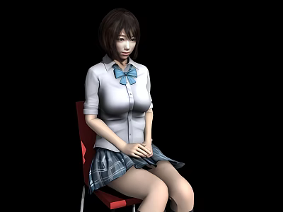 Woman Sitting On Red Chair In White Shirt With Blue Bow Tie And Plaid Skirt 3d model