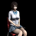Woman Sitting On Red Chair In White Shirt With Blue Bow Tie And Plaid Skirt