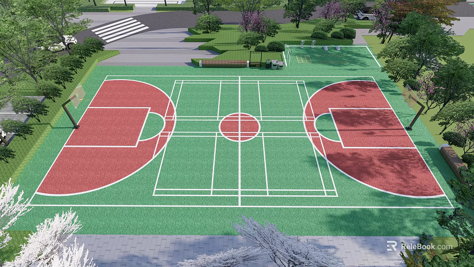 Outdoor Basketball Court with Green and Red Surface White Lines and Surrounding Trees 3d model 