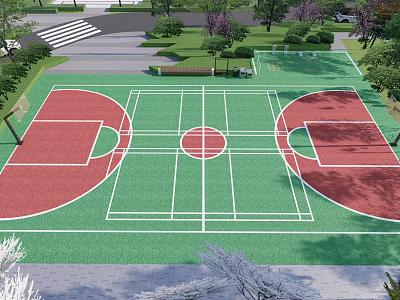 Outdoor Basketball Court with Green and Red Surface White Lines and Surrounding Trees 3d model