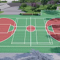 Outdoor Basketball Court with Green and Red Surface White Lines and Surrounding Trees