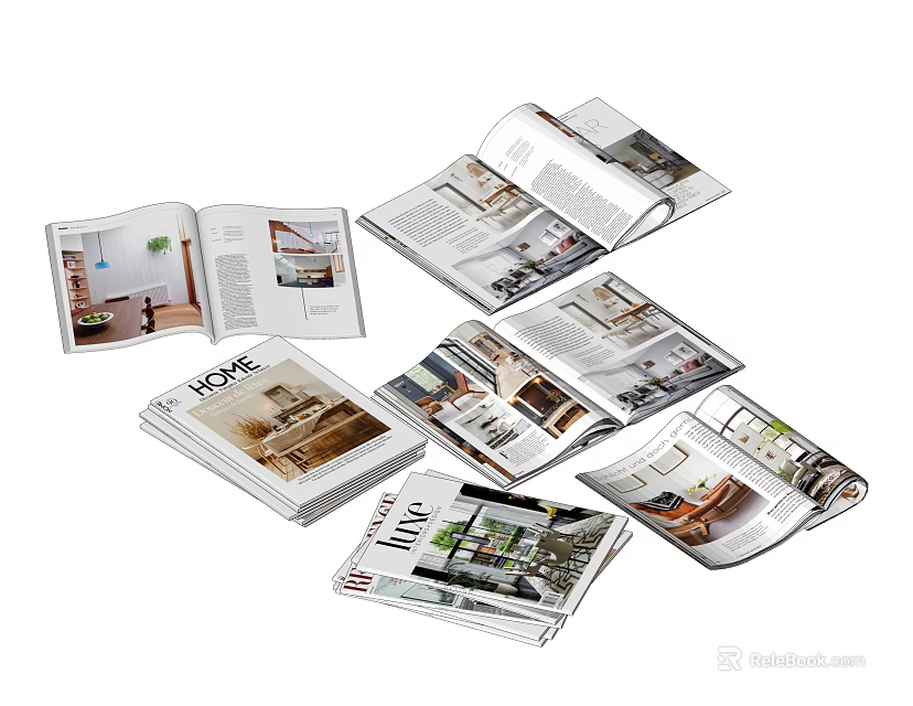 Multiple Open Home Magazines Featuring Interior Design Photos Articles And Layouts 3d model 