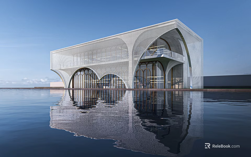 Elegant Modern Sales Office Building White Lattice Design Arched Windows Glass Curtain Wall Water Reflection 3d model 