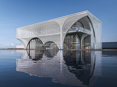 Elegant Modern Sales Office Building White Lattice Design Arched Windows Glass Curtain Wall Water Reflection 3d model