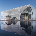 Elegant Modern Sales Office Building White Lattice Design Arched Windows Glass Curtain Wall Water Reflection