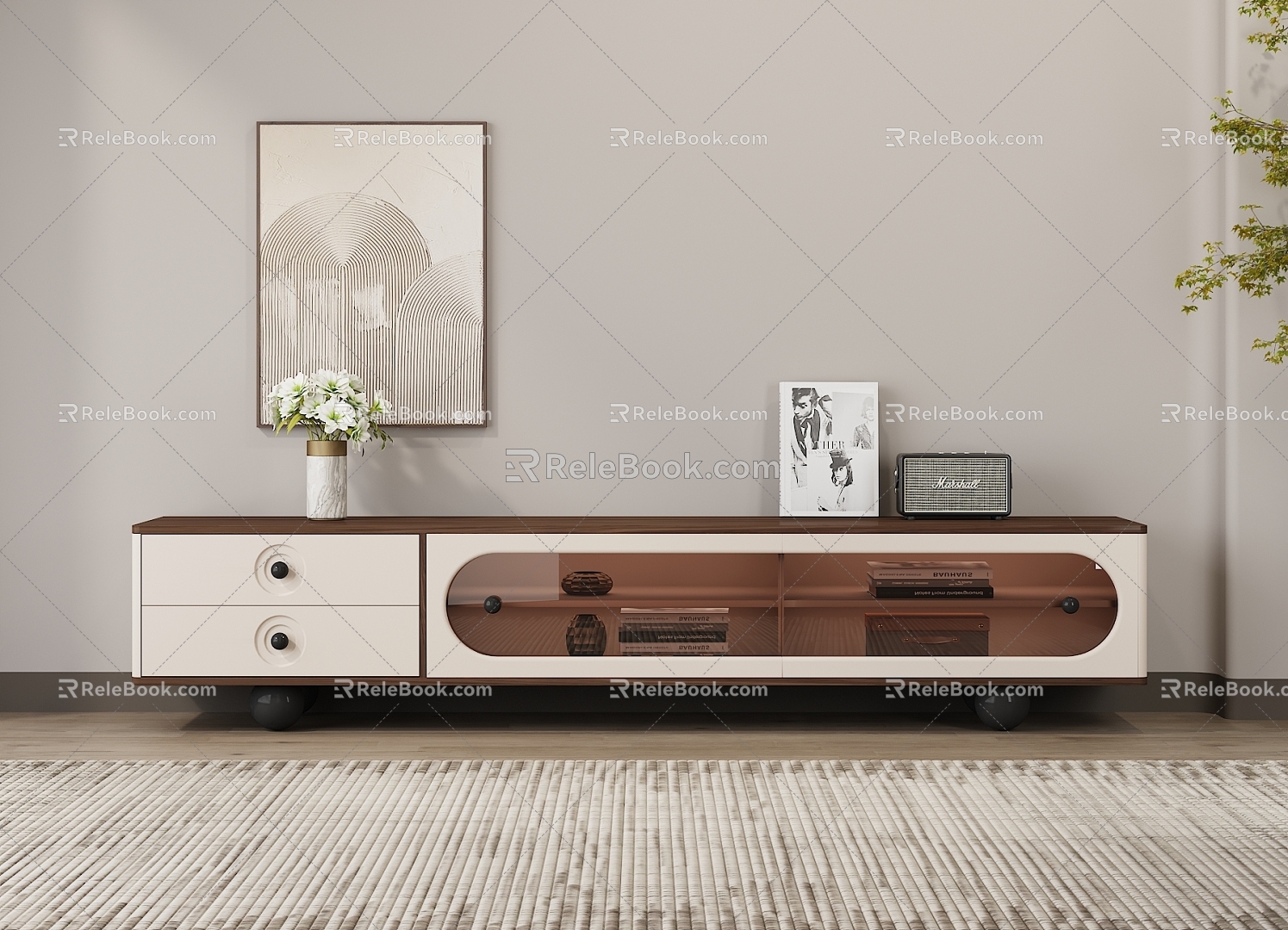 TV Cabinet Cream Style Walnut Modern Tea Glass Smart Vase Audio Hanging Painting Decorative Painting Green Plant Carpet Floor Cabinet Storage Cabinet Cabinet 3d model