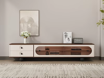 Modern Living Room TV Stand With White Brown Storage Drawers And Decorative Vase Frames 3d model