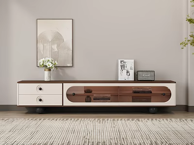 Modern Living Room TV Stand With White Brown Storage Drawers And Decorative Vase Frames 3d model